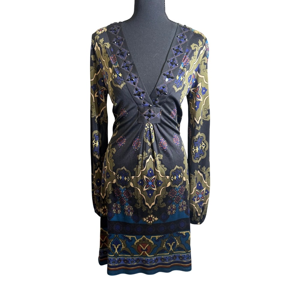 Hale Bob Silk Dress M Black Green Paisley Beaded V-Neck Long Sleeve whimsigoth